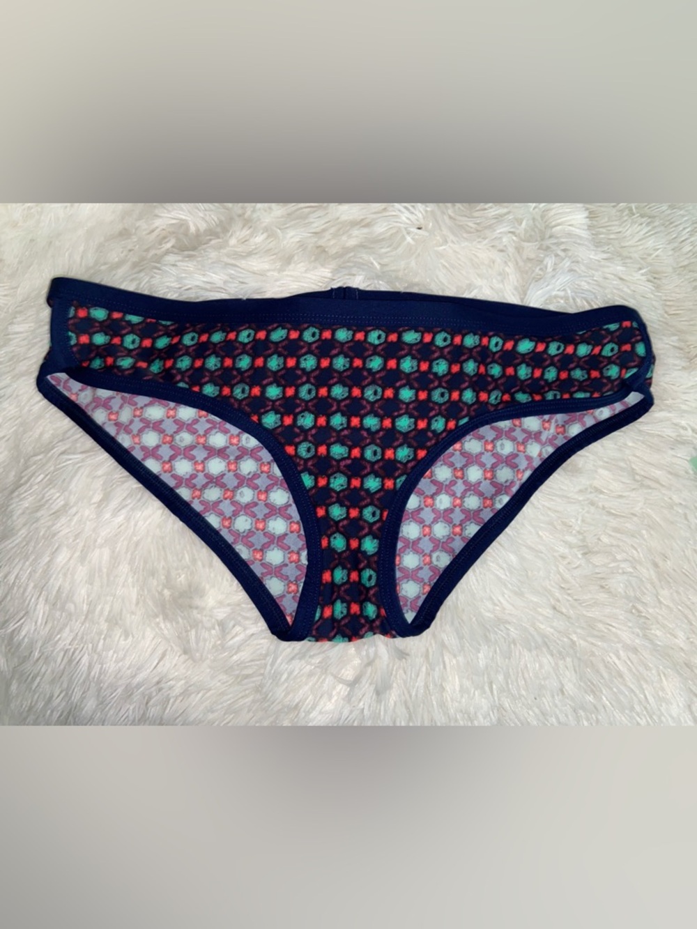 Patagonia Navy Bikini Bottoms with Teal and Red Pattern